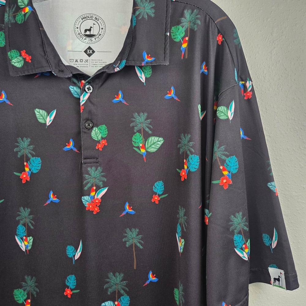 Proud 90 Golf‎ Is Fun Mens 3X Tropical Parrot Palm Tree Performance Polo Shirt